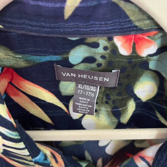 Van Heusen Shirt Men's Size Blue Orange Hawaiian Short Sleeve Button Dow  XL - Picture 3 of 6